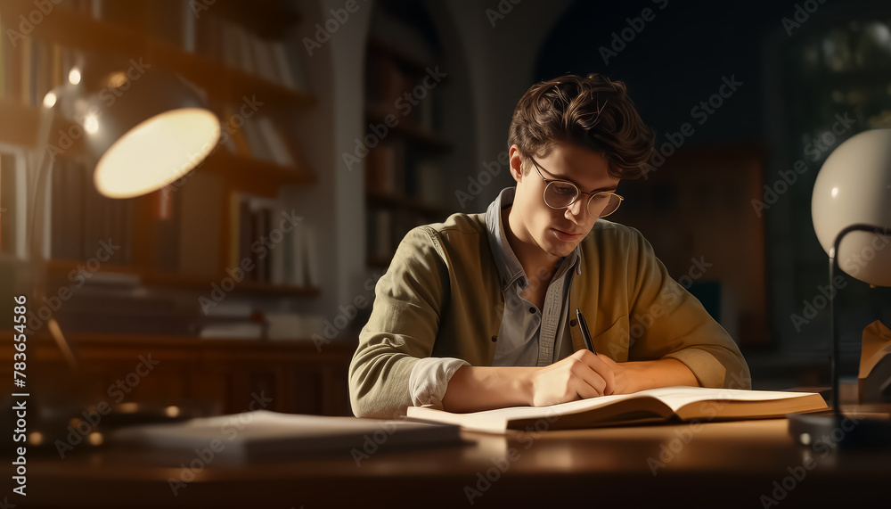 A young man is writing in a notebook at a coffee shop