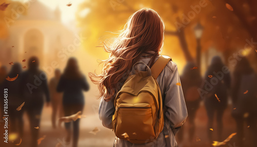 A girl wearing a red backpack walks through a park with leaves on the ground
