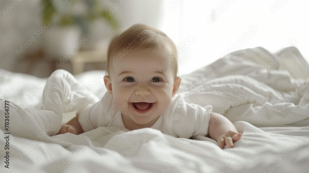 Photo funny baby smiling and lying on a white bedding at home Photo funny baby smiling and lying on a white bedding at home