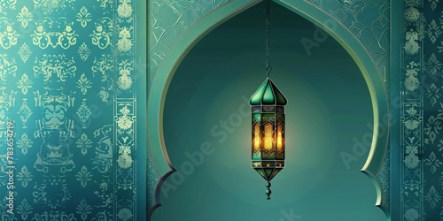 An ornate Islamic arch adorned with a lantern. photo