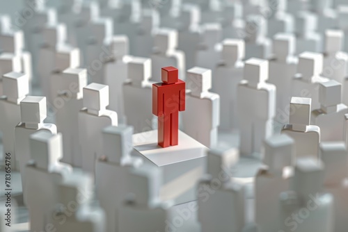 A red figure stands prominently among numerous white figures in a crowded setting, symbolizing individuality and leadership in a diverse community gathered in a public space photo