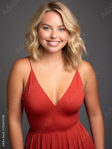 a beautiful fat blonde model woman posing in a light red summer dress , smile
