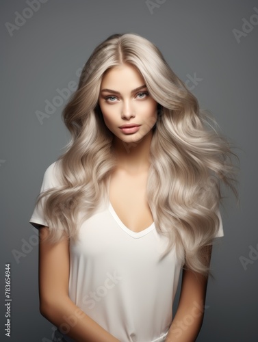  russian 18 years old supermodel with glamorous big and long hair dye ad hair in ashy blonde, solid ashy blonde hair color, frontal pose standing still, solid white background photo