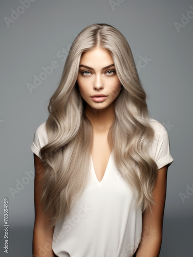  russian 18 years old supermodel with glamorous big and long hair dye ad hair in ashy blonde, solid ashy blonde hair color, frontal pose standing still, solid white background photo