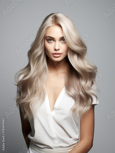  russian 18 years old supermodel with glamorous big and long hair dye ad hair in ashy blonde, solid ashy blonde hair color, frontal pose standing still, solid white background