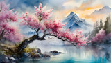 Watercolor illustration of pink blossom tree. Branches with pink flowers. Beautiful nature.