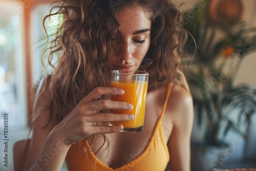 Lady consuming natural citrus beverage with amino acid vitamin powder, keto supplement, post-workout liquid meal for slimming and boosting immunity.