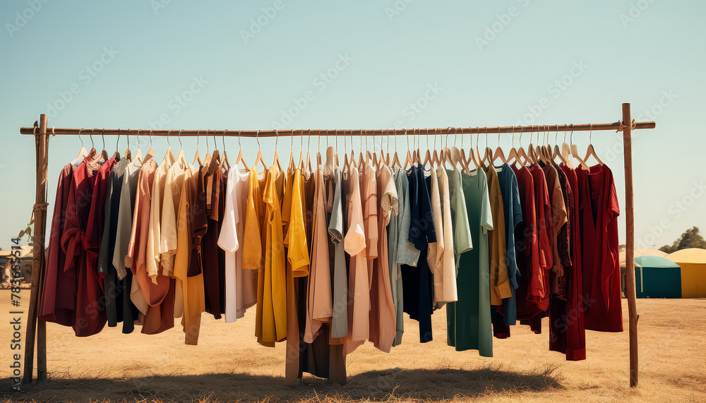 A rack of clothes is hanging under a yellow tent