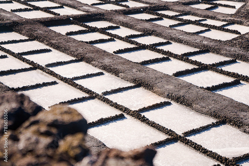 View of salt evaporation ponds of Salinas de Fuencaliente in La Palma, Canary Islands during daytime