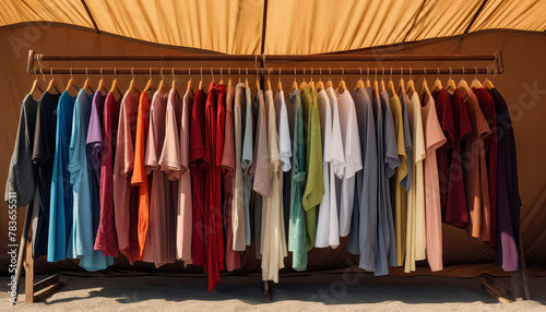 A rack of clothes is hanging under a yellow tent