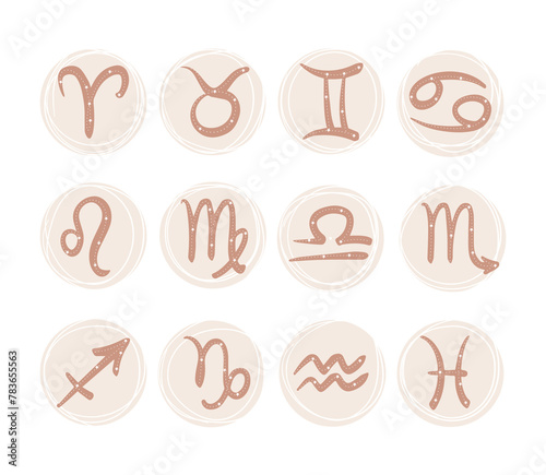 Graphic symbols of the zodiac signs with a design of stars and a thin outline, a set of astrology illustrations, fortune telling, esoteric tattoos. Hand drawn vector illustration. © Tanya