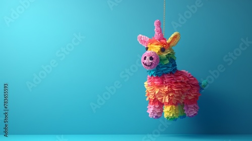 Festive Mexican Pinata for colorful party decorations, Minimalist depiction of a colorful pinata hanging from a string on a solid background