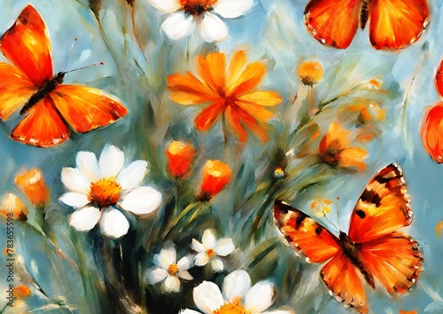 Butterflies fly over a flower field © Oleg
