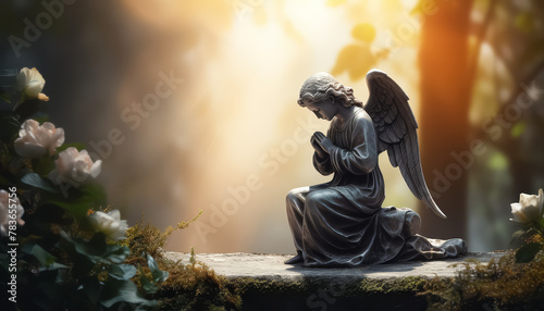 A statue of an angel is sitting on a rock in a forest