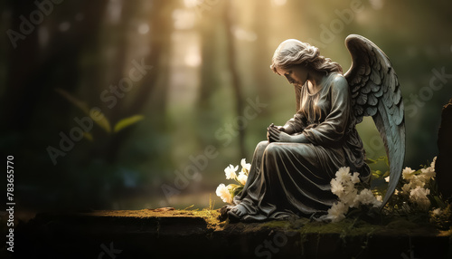 A statue of an angel is sitting on a rock in a forest