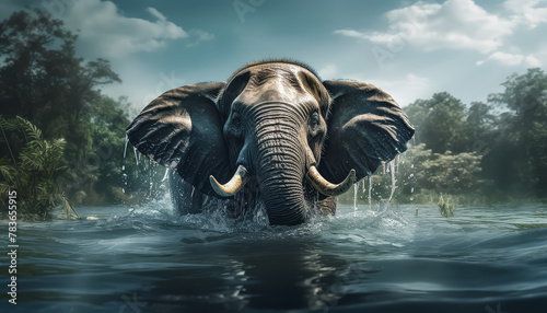 A large elephant is running through a river, splashing water everywhere photo