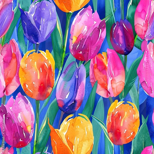 Vibrant tulips seamless pattern, watercolor brush strokes, bright spring palette . Seamless pattern, Fabric Pattern, Tumbler Wrap, Mug Wrap. 