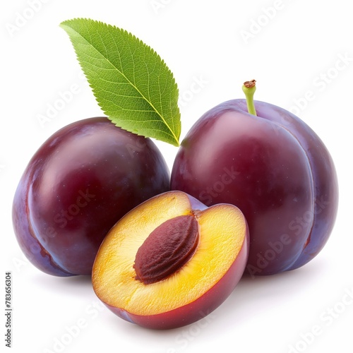 Two whole plums and a sliced one with pit and leaf, isolated on white background. Freshness and healthy eating concept.