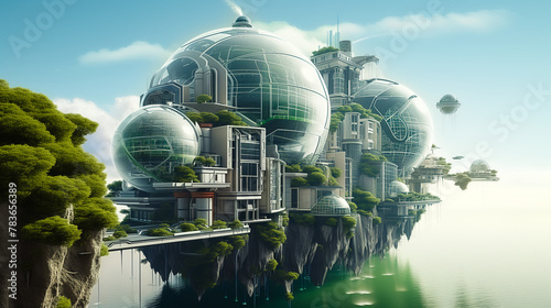 Sustainable Futuristic City on Water. Ocean, Sea, Ecology. Solar, Wind, Wave Green Energy Sources. Addressing Global Warming, Climate Change, Overpopulation. Smart Infrastructure, Biotech Architecture