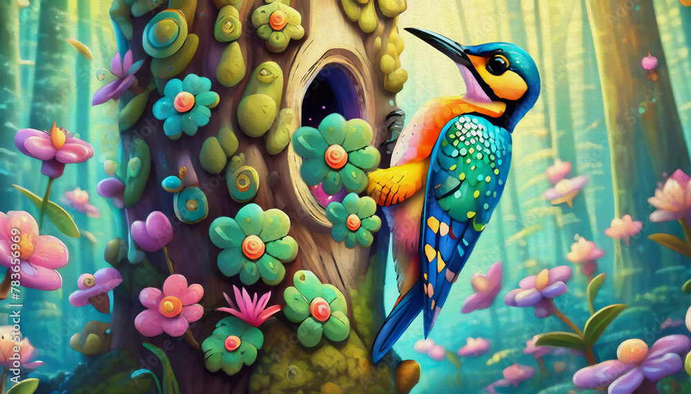 oil painting style cartoon character Multicolored A woodpecker drills a hole in a tree