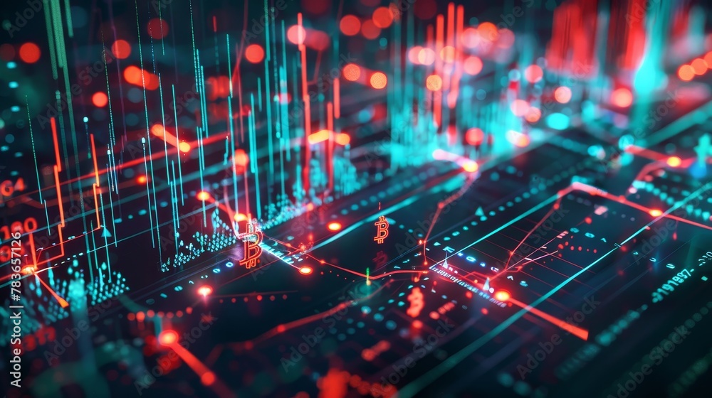 Obraz premium A business chart made in a 3d style with various cryptocurrency symbols scattered around AI generated illustration