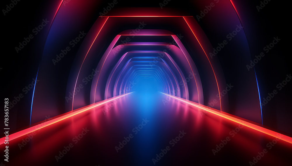 Obraz premium A long tunnel with blue and red lights