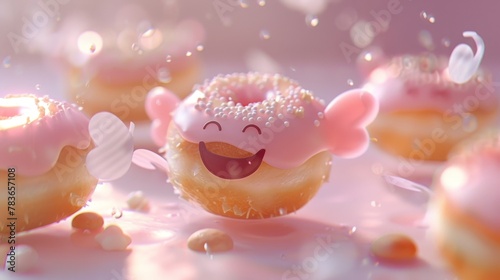 A batch of smiling donuts with tiny wings fluttering   AI generated illustration photo