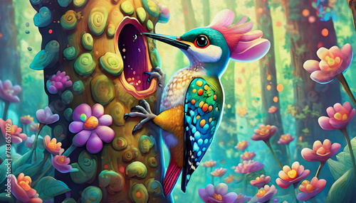 oil painting style cartoon character Multicolored A woodpecker drills a hole in a tree