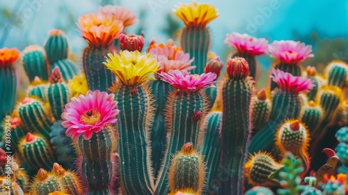 A cluster of flying cacti with colorful flowers on top   AI generated illustration photo