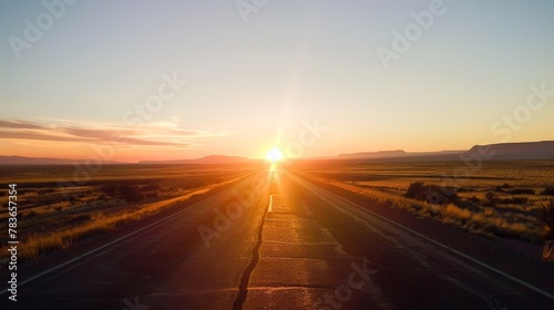 A quiet moment of reflection as the sun rises over a desert landscape, the road ahead promising endless possibilities.