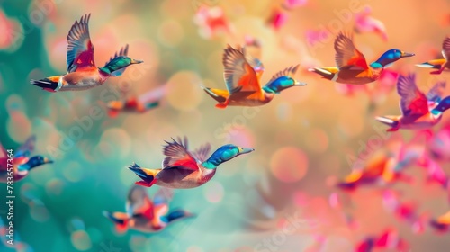 A cluster of flying ducks in bright colors   AI generated illustration