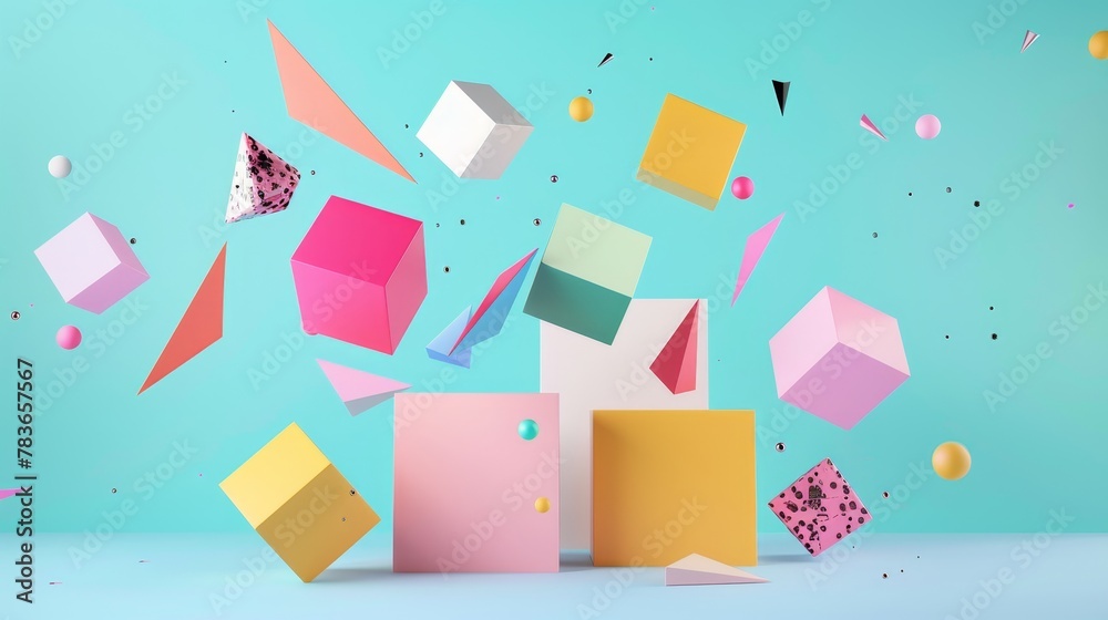 Vibrant and abstract flying elements against a minimalist backdrop 3d style isolated flying objects memphis style 3d render AI generated illustration Vibrant and abstract flying elements against a minimalist backdrop 3d style isolated flying objects memphis style 3d render AI generated illustration