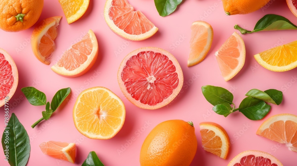 Vibrant citrus on a pastel pink background AI generated illustration Vibrant citrus on a pastel pink background AI generated illustration