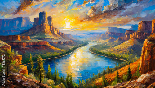 Oil painting on canvas of beautiful canyon landscape with mountains and blue river. Hand drawn art. photo