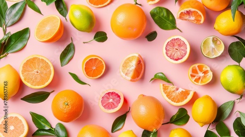 Vibrant citrus on a pastel pink background AI generated illustration