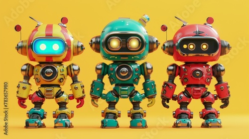 Vintage-inspired toy robots with a futuristic twist 3d style isolated flying objects memphis style 3d render AI generated illustration