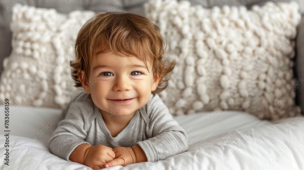 Photo funny baby smiling and lying on a white bedding at home Photo funny baby smiling and lying on a white bedding at home