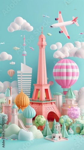 Whimsical 3d illustrations of imaginary travel destinations 3d style isolated flying objects memphis style 3d render AI generated illustration