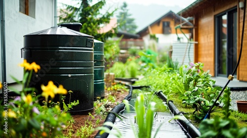 A rainwater harvesting system in a residential area, emphasizing water conservation and sustainable living.