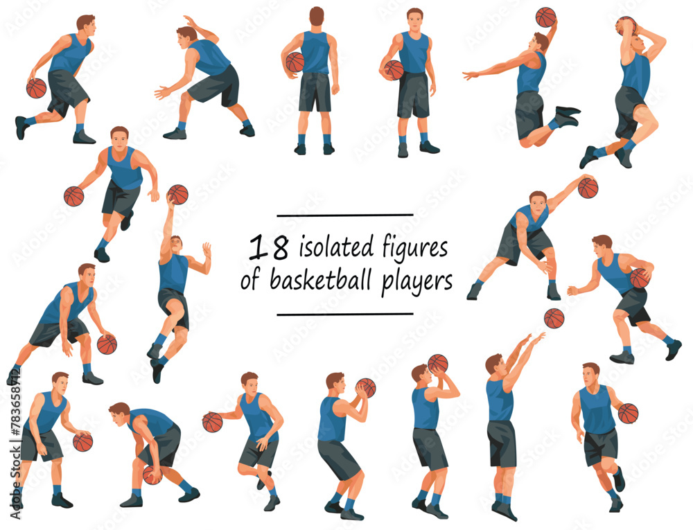18 basketball players in blue uniforms standing with the ball, running, jumping, throwing, shooting, passing the ball