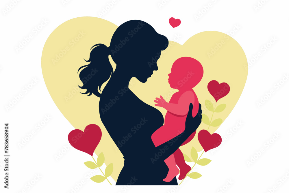 Mother holding baby silhouette, aware of Mother's Day, Mom Day, mom Love, mother with flowers, white background
Mother holding baby silhouette, aware of Mother's Day, Mom Day, mom Love, mother with flowers, white background