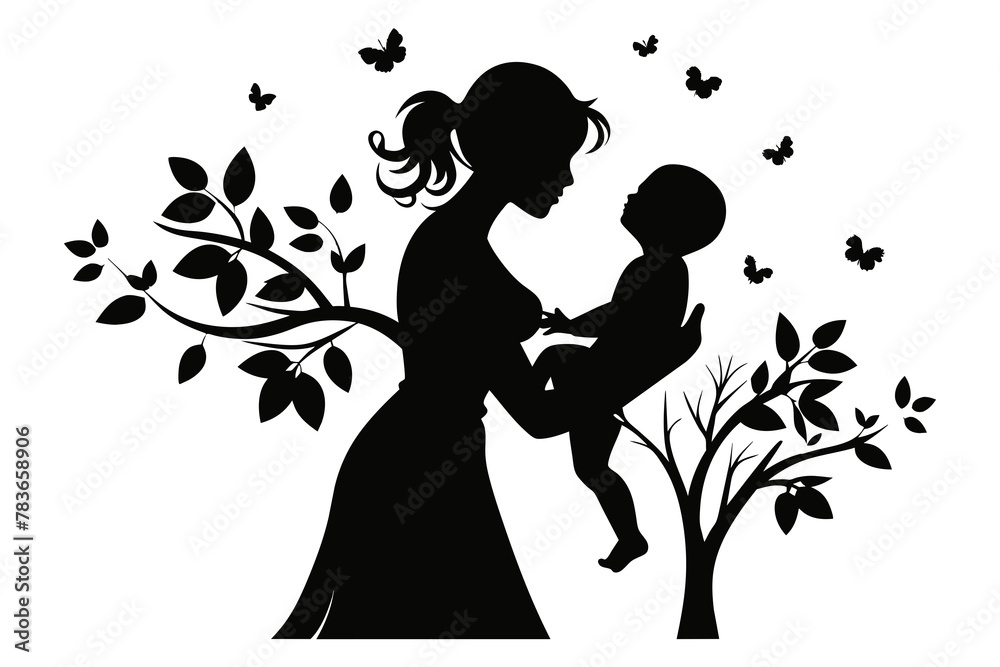 Mother holding baby silhouette, aware of Mother's Day, Mom Day, mom Love, mother with flowers, white background
Mother holding baby silhouette, aware of Mother's Day, Mom Day, mom Love, mother with flowers, white background