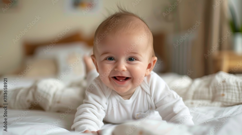 Photo funny baby smiling and lying on a white bedding at home Photo funny baby smiling and lying on a white bedding at home