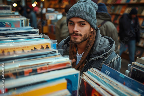 Close up of a young choosing vinyl records from a shelf in a record store