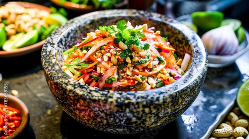 A refreshing Thai salad with a burst of colors from papaya, lime, peanuts, and chili, served in a traditional mortar, emphasizing the blend of textures and flavors.