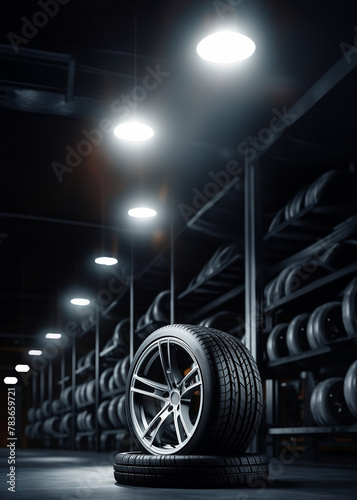 tire at repairing service garage background. replacing winter and summer tyre for safety road trip. Transportation and automotive maintenance concept