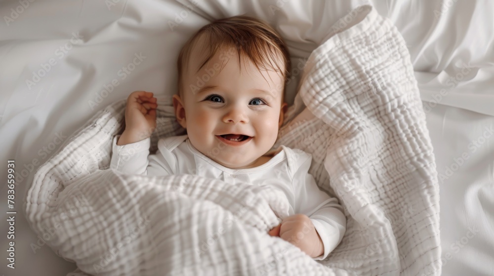 Photo funny baby smiling and lying on a white bedding at home Photo funny baby smiling and lying on a white bedding at home