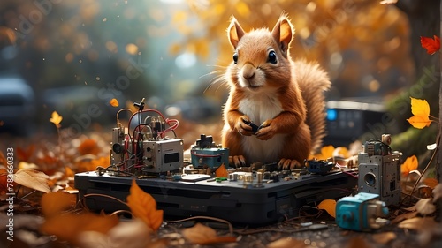{An artistic interpretation of an inquisitive squirrel exploring a whimsical scene filled with miniature robots scattered among electronic waste in an autumnal environment. The artwork blends realism  photo
