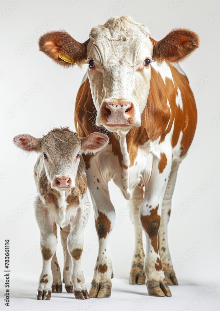An adult cow and her young calf on a white background. An adult cow and her young calf on a white background.