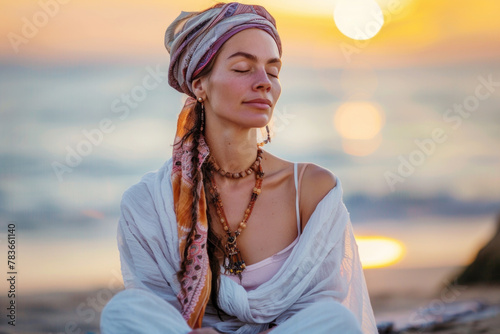 Beautiful young woman sitting on the beach mediating